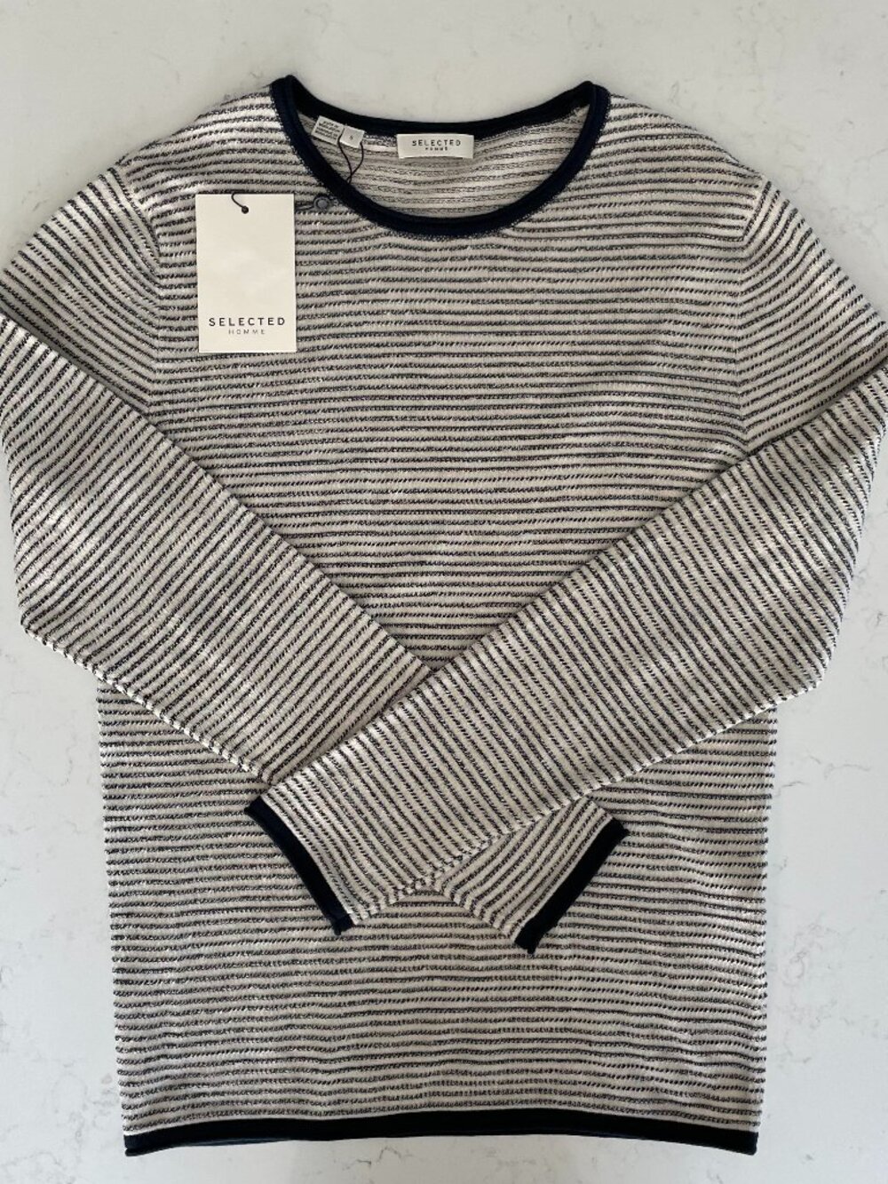 Selected Homme SLHDEAN Mix Crew Nk LS Striped Lightweight Sweater Navy Bone Wt S - Picture 2 of 12